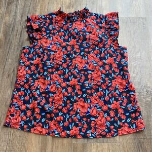 SHEIN Womens Floral Ruffle Cap Sleeve Mock Neck Blouse Red Blue Black Large